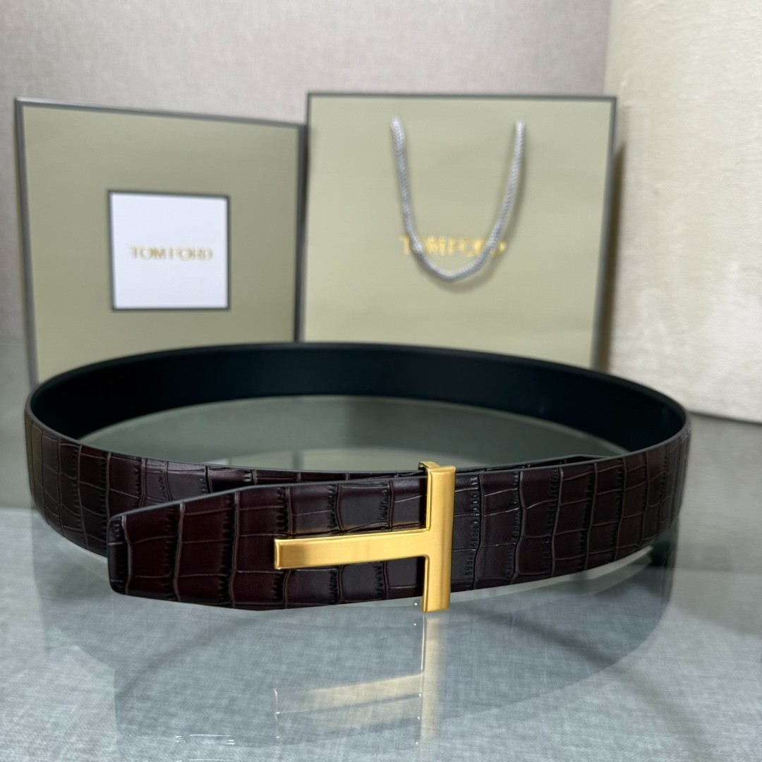 Tom Ford Mens Coffee/Black Reversible Leather Belt Gold T Buckle