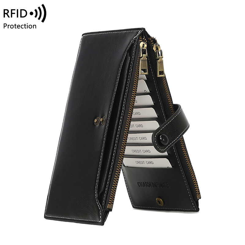 19 Card Slots Lady Oil Wax Leather Bifold Wallet Fashion Clutch Handbag W/ Hasp