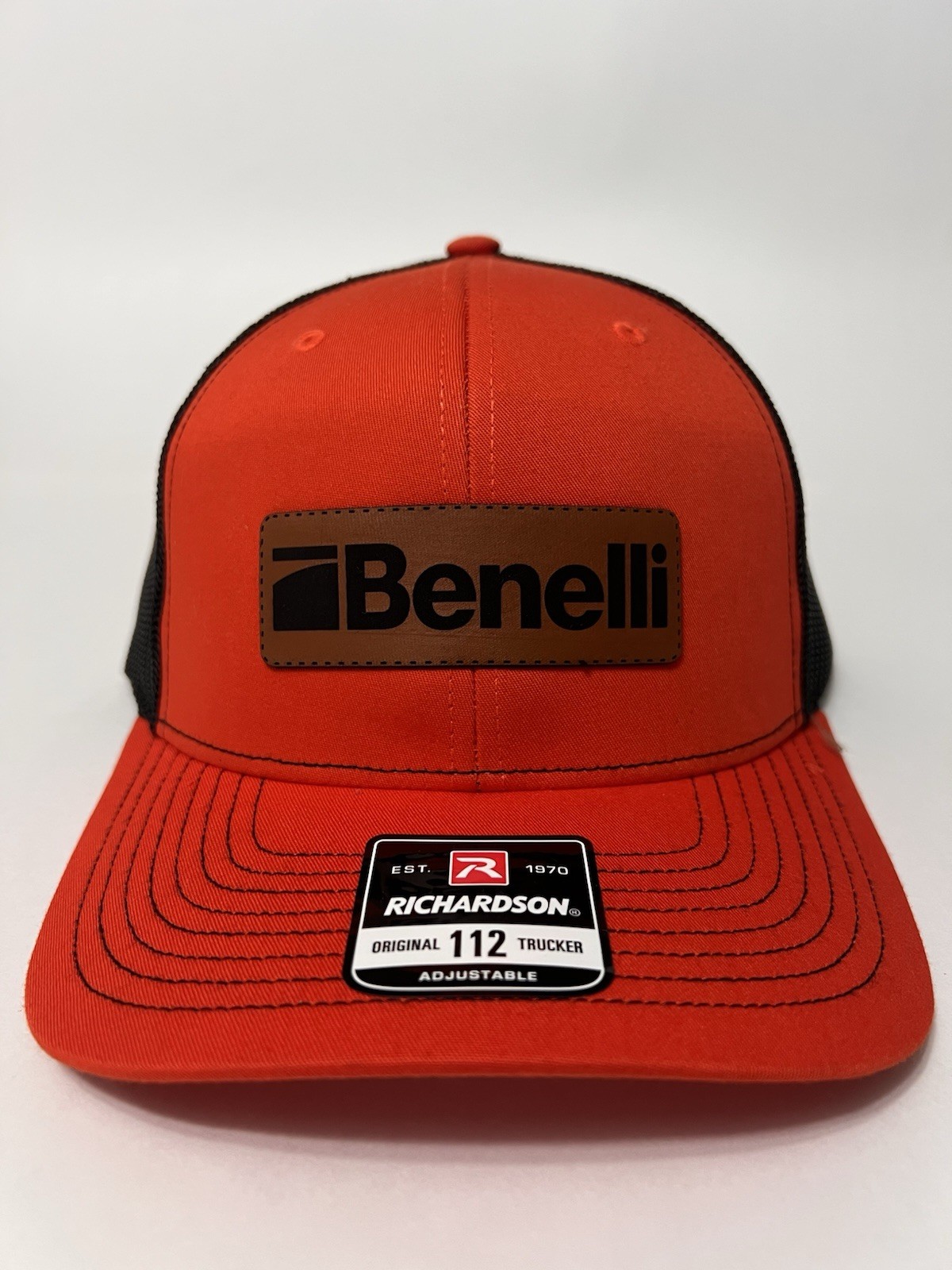 Benelli Leather Patch Richardson 112 Hat Orange/Black Mesh Back Trucker Cap NWT