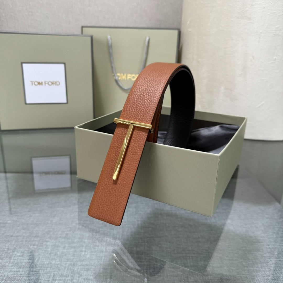 Tom Ford Belt T-Buckle Reversible Brown/Black Calfskin Leather Belt