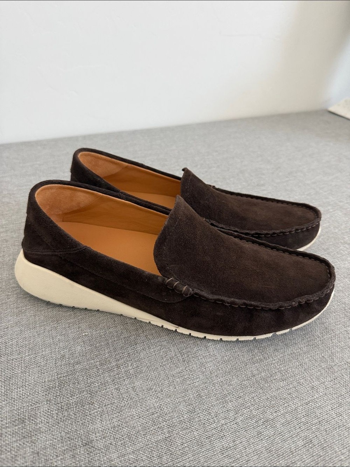 OluKai Dark Brown Suede Slip-On Loafers with Cream Sole