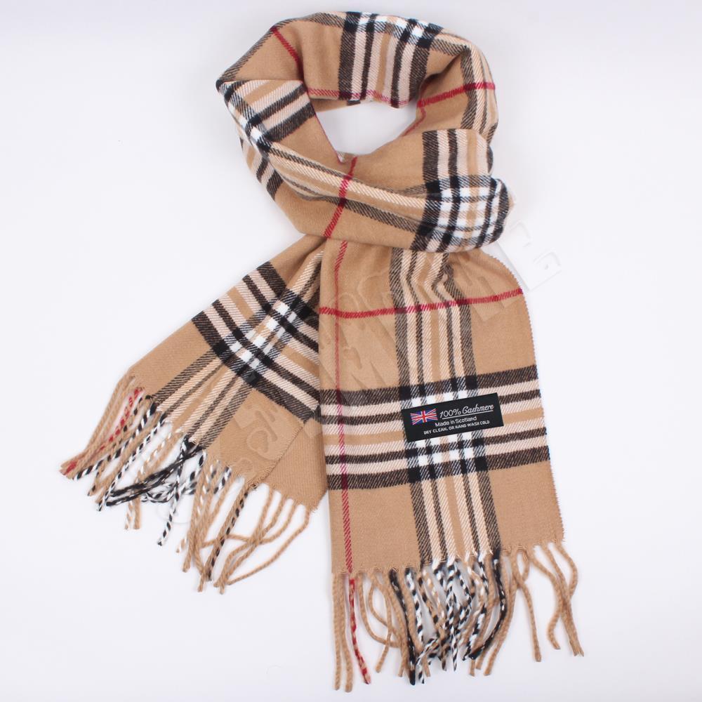 Men’s 100% CASHMERE Scarf Camel tartan Plaid Stripe Design Soft