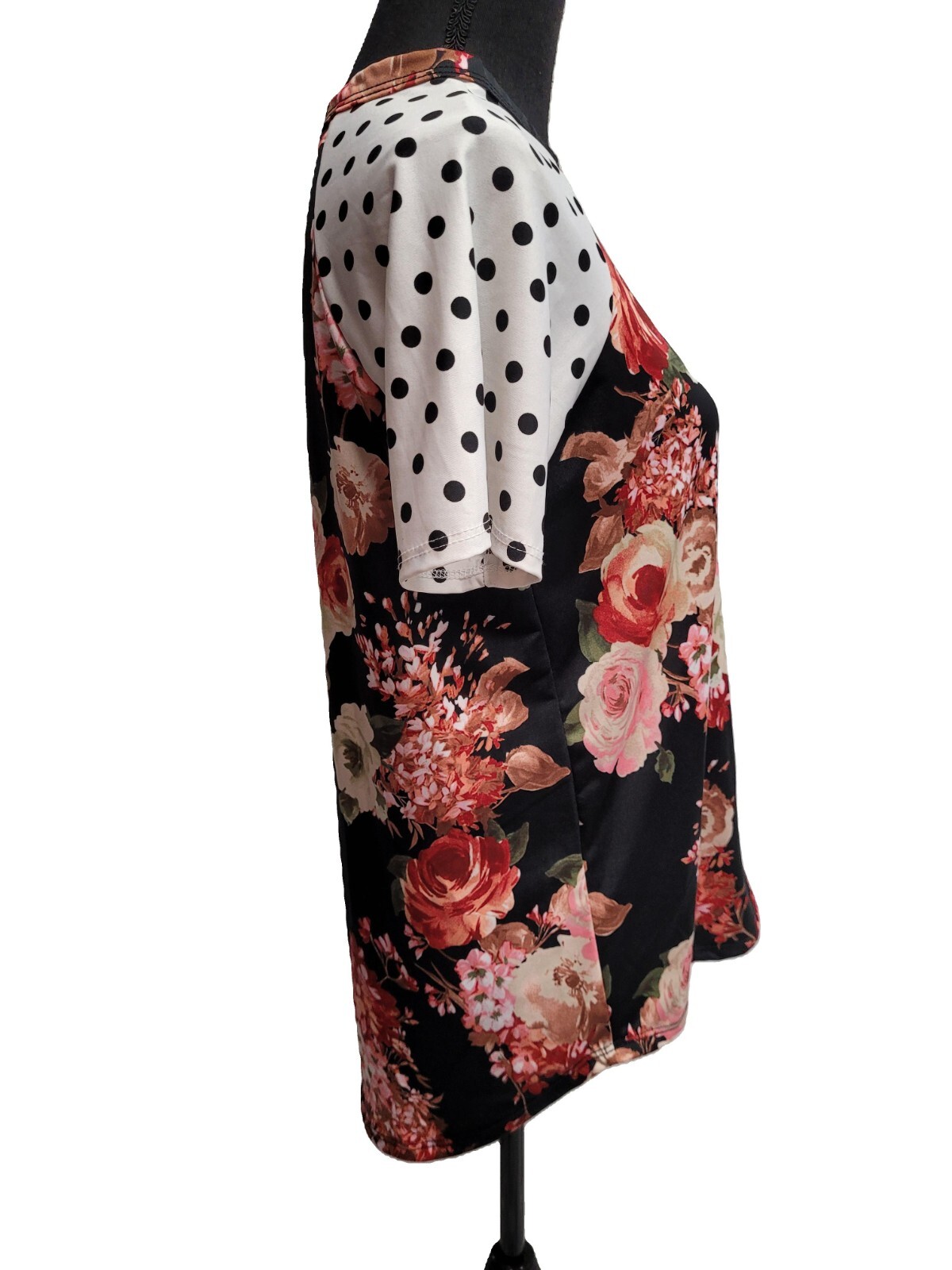 DoubleJu Top (S) Multicolor Floral Short-Sleeve Pocket Tapered Polyester/Spandex