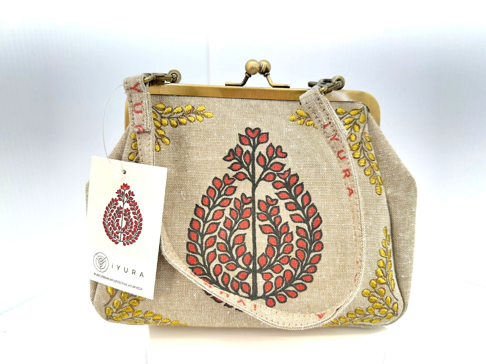 iYURA Eco Friendly Tan Gold Embroidered Baroque Leaf Fabric Frame Bag Box Set