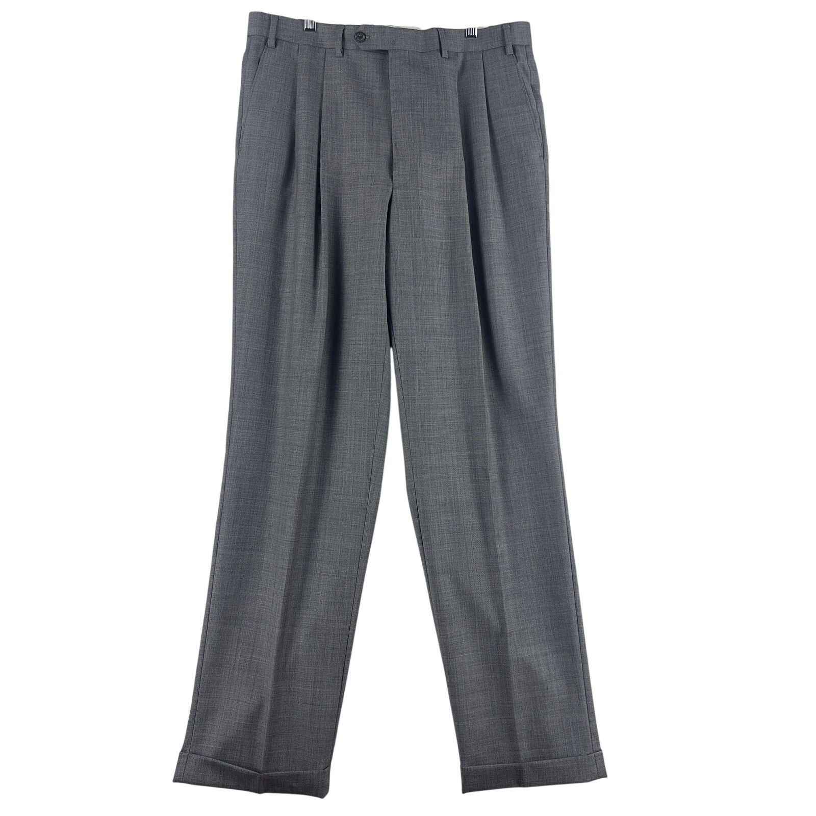Chaps Mens 2 Piece Suit 42R 36×34 Gray Plaid 100% Wool Pleated Cuffed Two-Button