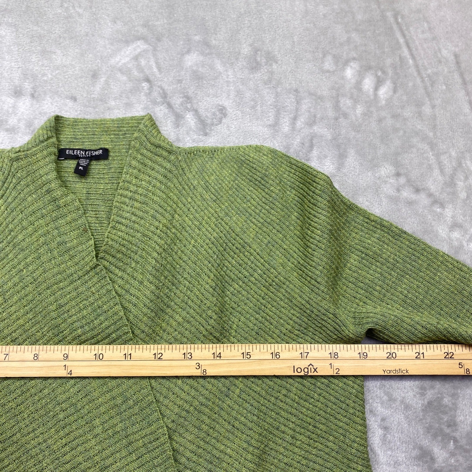 Eileen Fisher Wool Drape Half Sleeve Ribbed Cardigan Cactus Green Sweater PL