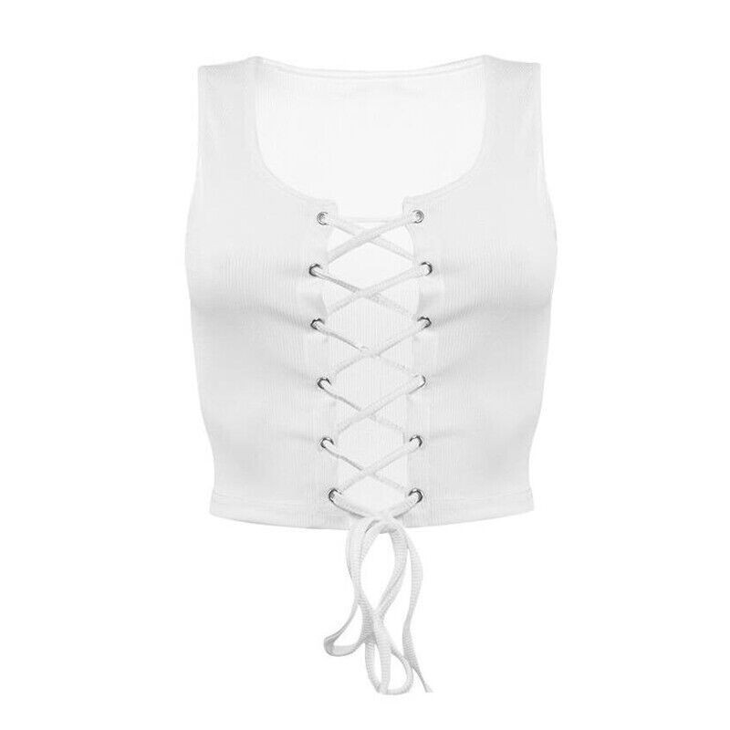 Women Sexy Bandage Tank Crop Top Hollow Lace Up Low Cut U-Neck Camisole Vest