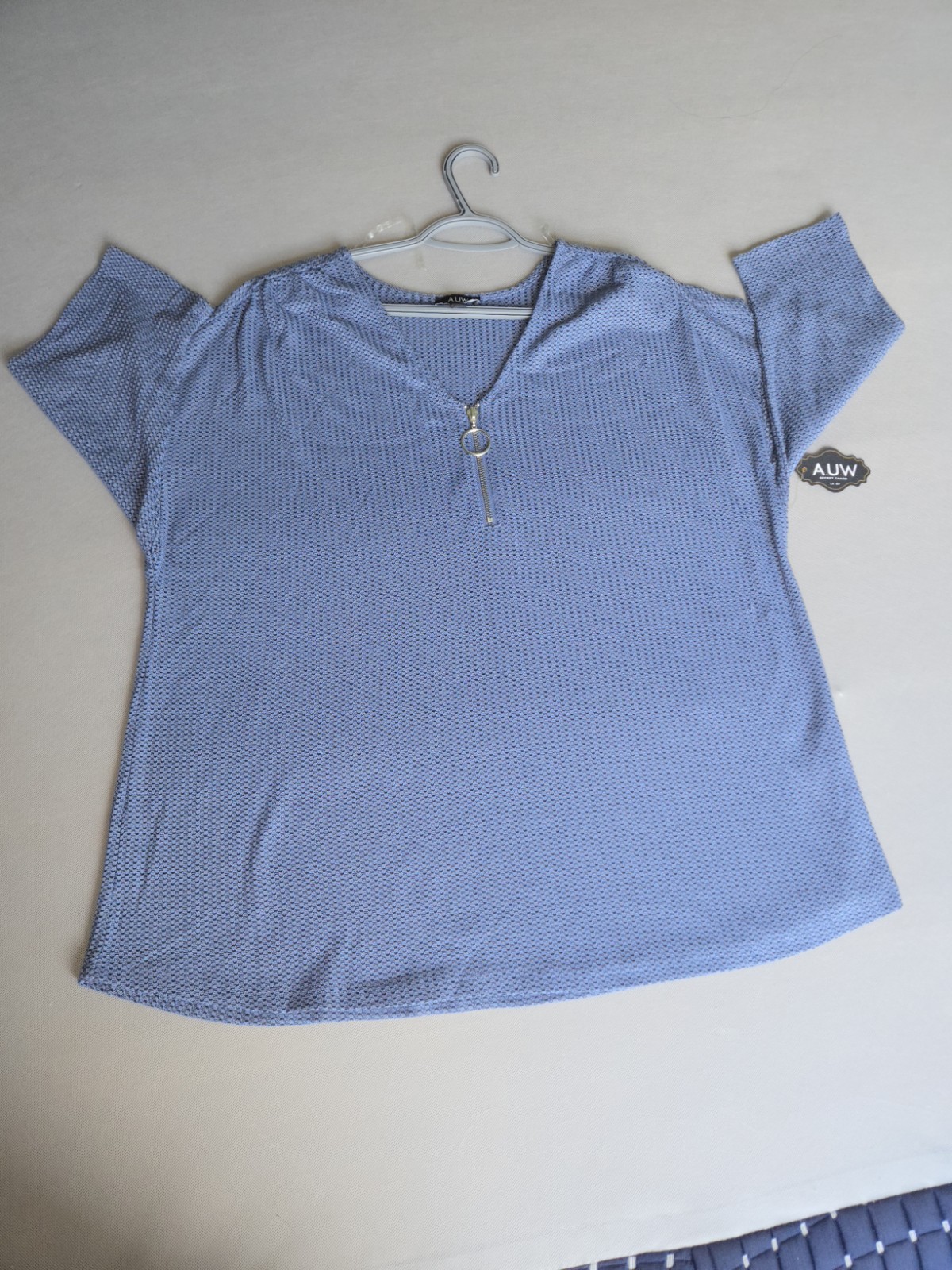 A.U.W. Blue Zip Neck Textured Blouse Top 1X Plus Size NWT