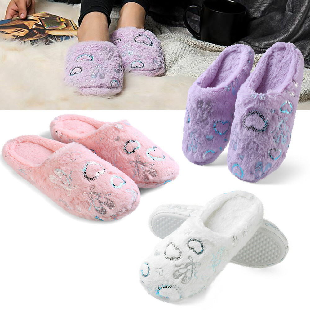 Women Fashion Plush Cozy Soft Warm Slippers Heart Pattern Indoor Bedroom Shoes