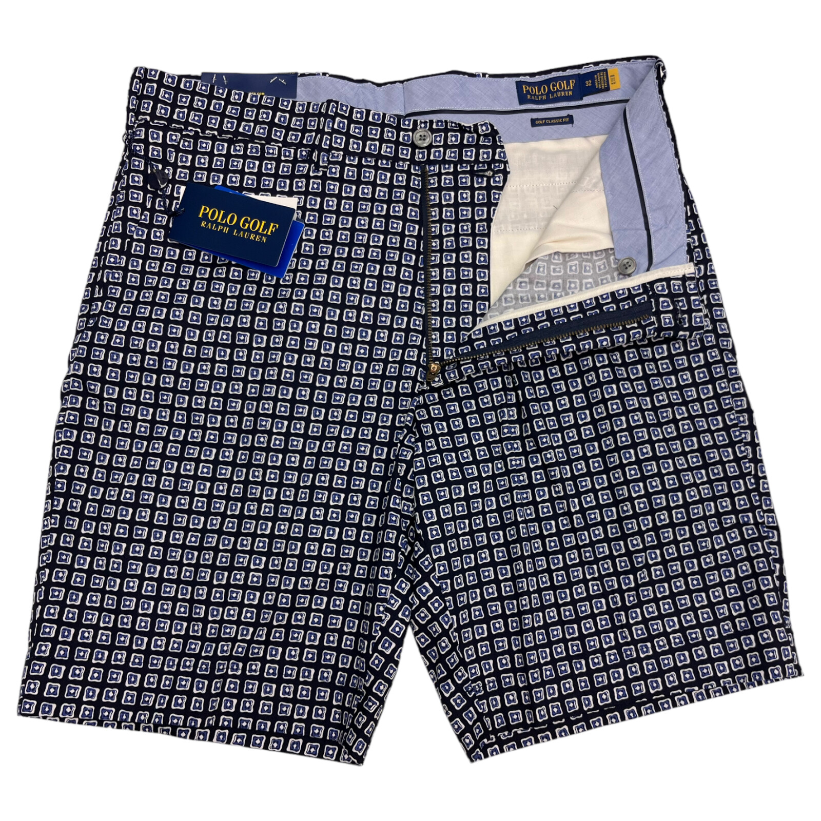 Polo Golf Ralph Lauren Shorts Navy Blue Geometric Stretch Classic Fit $115 NOLA