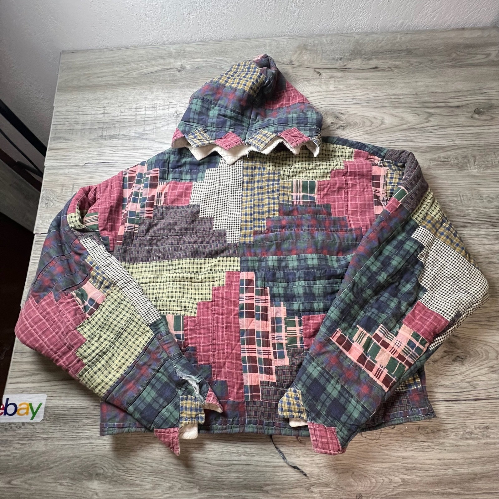 Unbranded Patchwork Quilt Hoodie Unisex XL Multi Plaid Log Cabin Boho Vintage