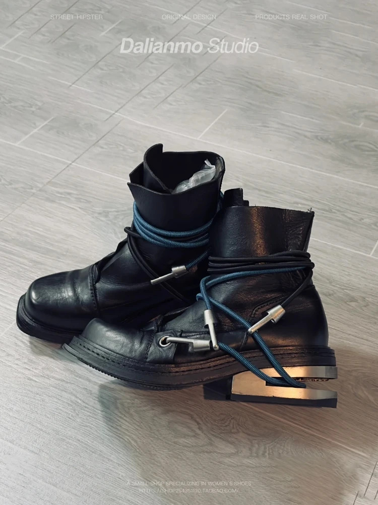 Men’s Motorcycle Boots Metal Chunky Heel Mid-Calf Round Toe Western Boots Couple