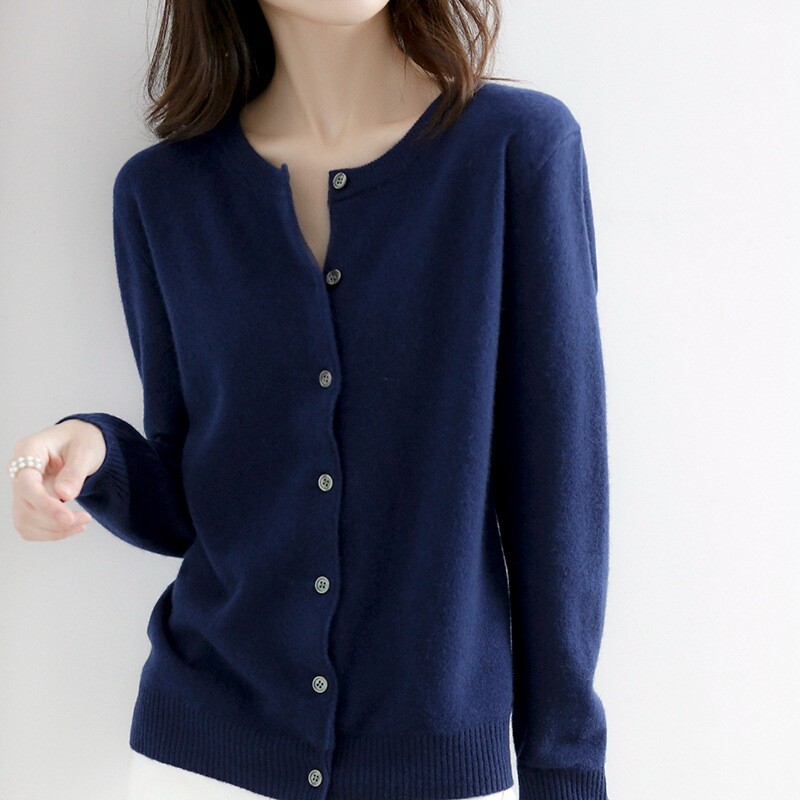Women Cardigan Solid Color Sweater Cashmere Blend Simple Crew Neck Jacket Coat