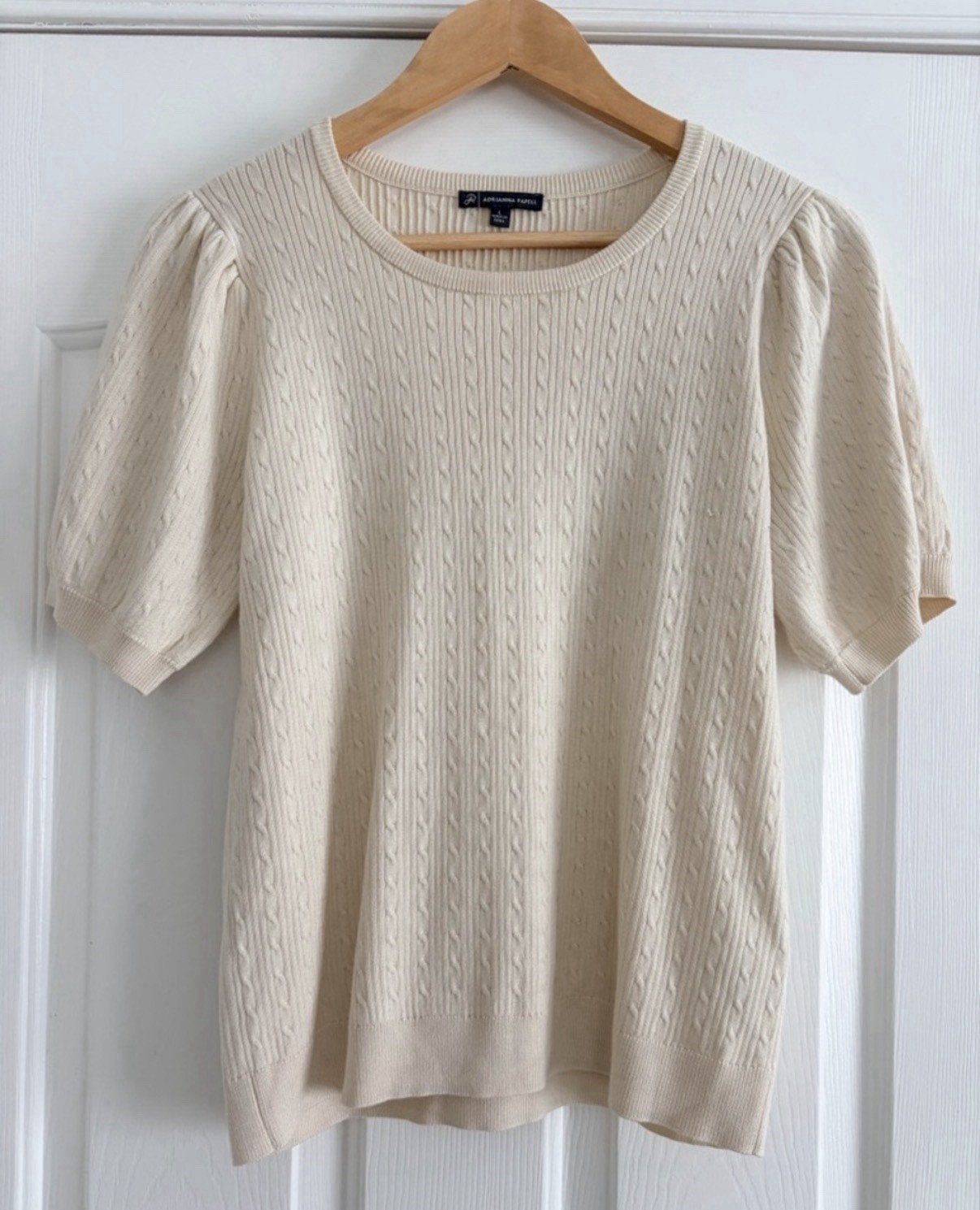 Adrianna Papell Ivory Cable-Knit Puff Sleeve Crewneck Pullover Sweater L