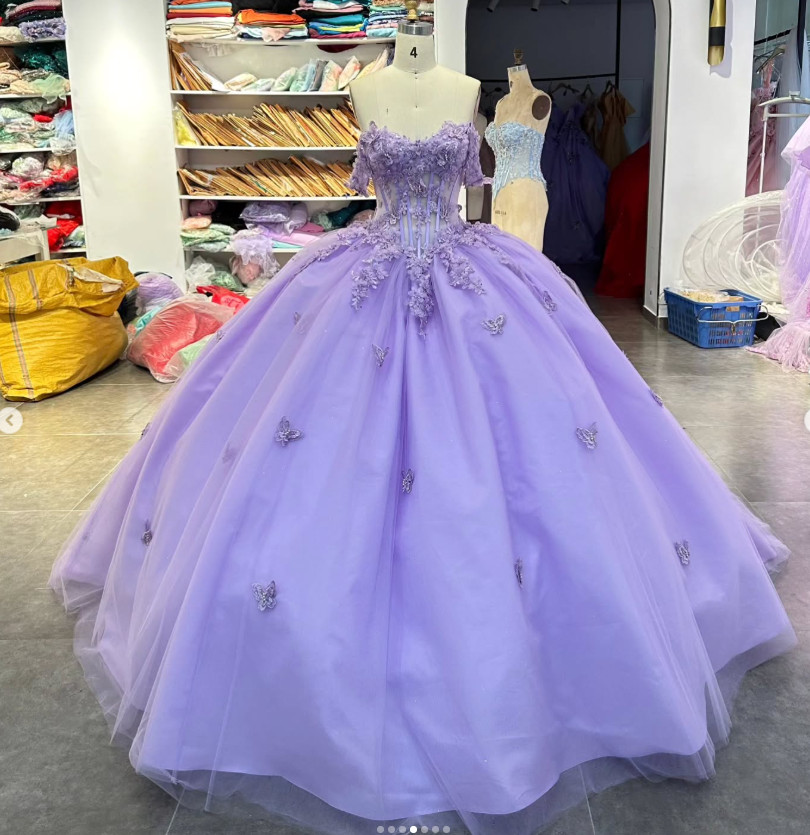 Strapless Corset Tulle Quinceanera Ball Gown 3D Floral Butterfly Sweet 16 Dress