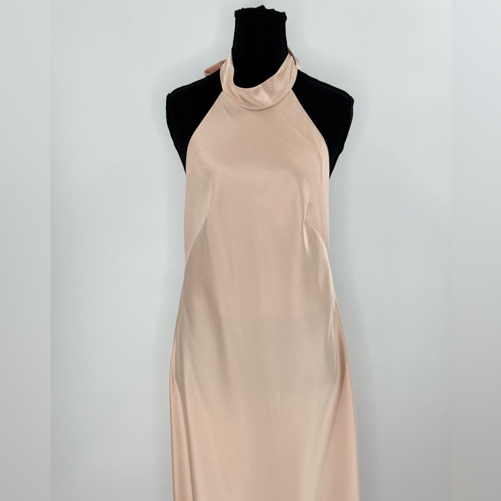 Social by Dessy 8223 Scarf Tie Halter Maxi Gown Dress, Cameo Beige, Size M NWT