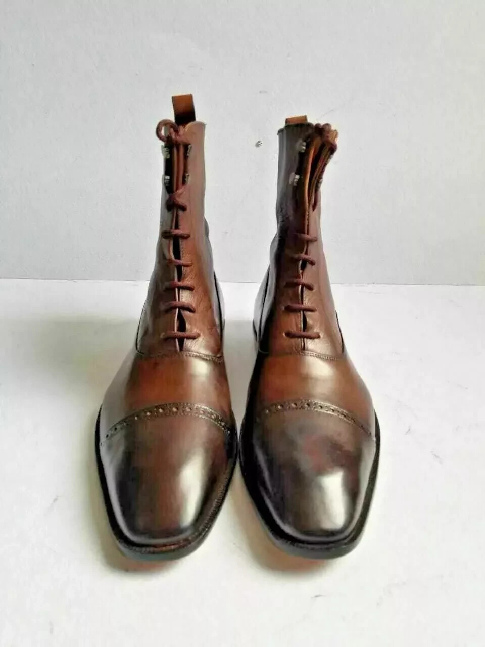 HANDMADE MENS BROWN TOE CAP LACED UP ANKLE HIGH MARCHING DRESS BOOTS FOR MEN