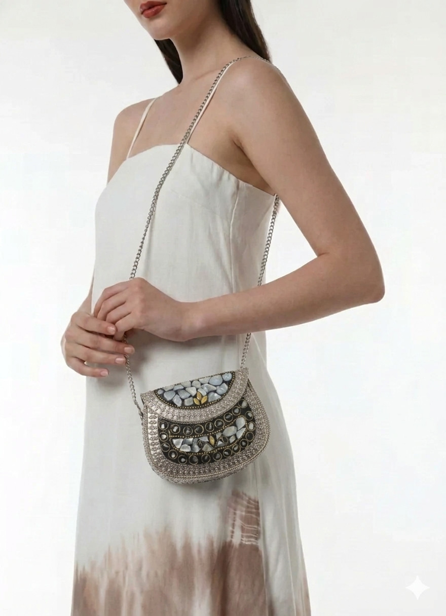 Vintage Handcrafted Mother of Pearl Seep Plated Clutch Bag – Ethnic Mosaic Purse