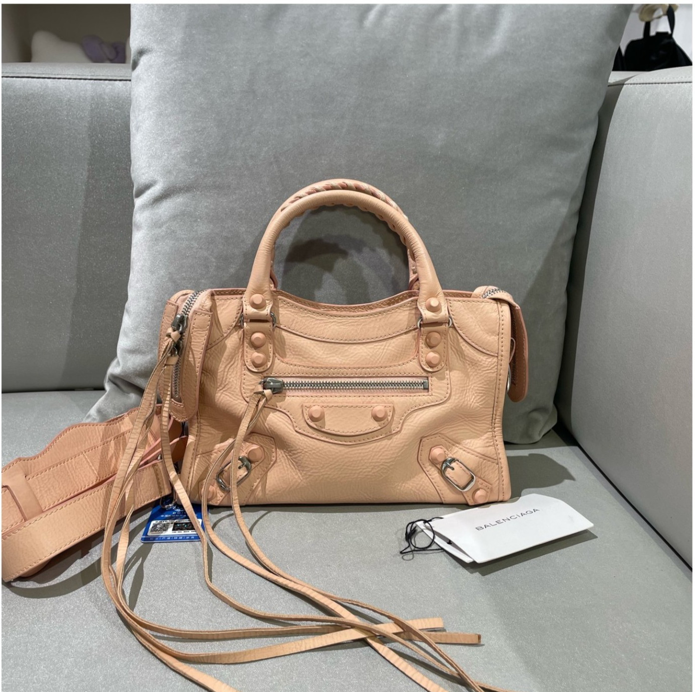 Authentic Balenciaga Mini City Waxed Lambskin Leather Top Handle Bag Sakura