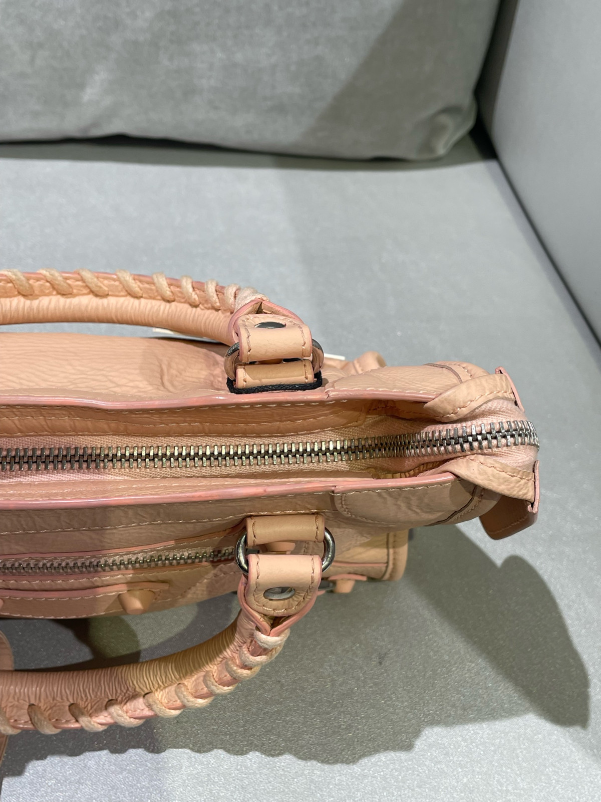 Authentic Balenciaga Mini City Waxed Lambskin Leather Top Handle Bag Sakura