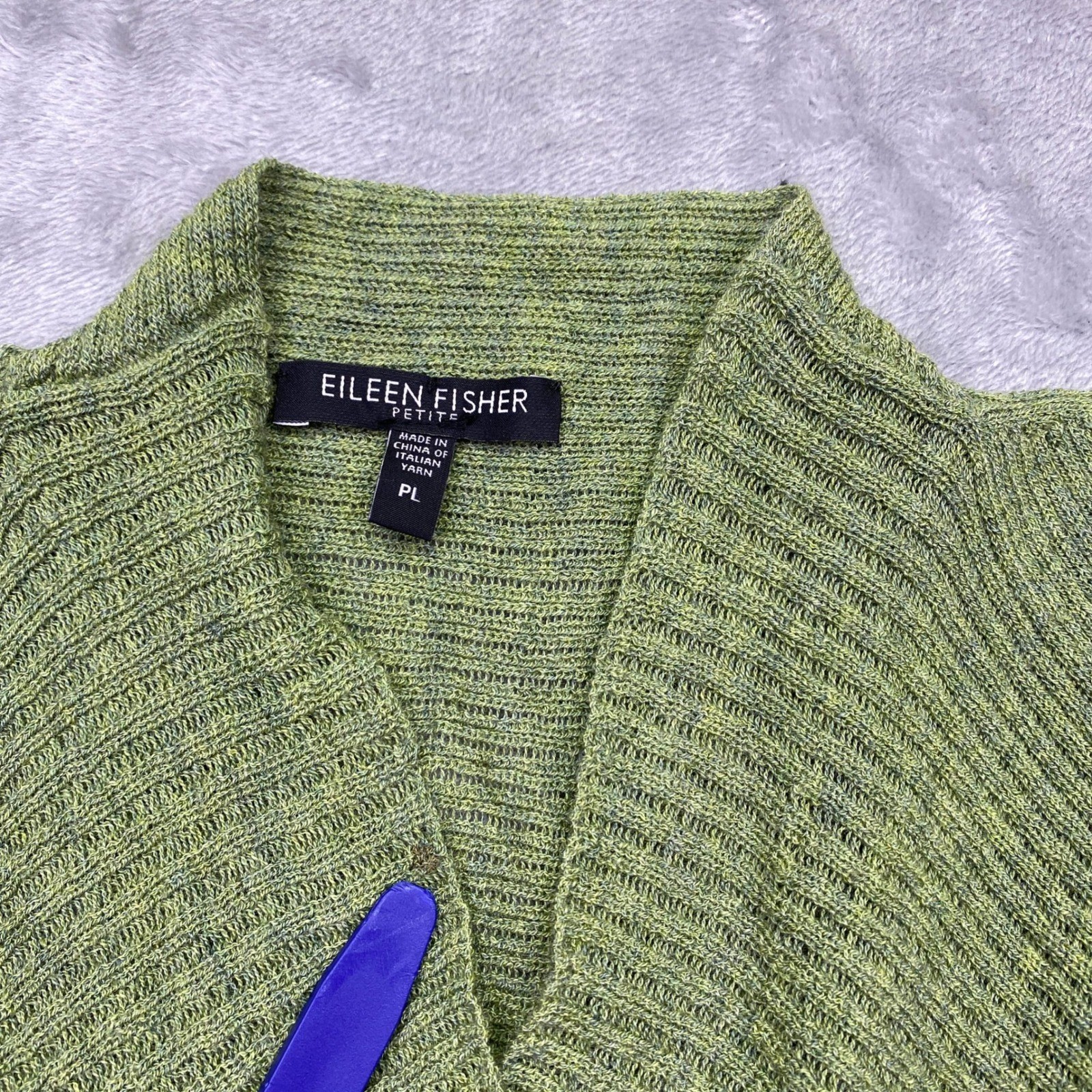 Eileen Fisher Wool Drape Half Sleeve Ribbed Cardigan Cactus Green Sweater PL