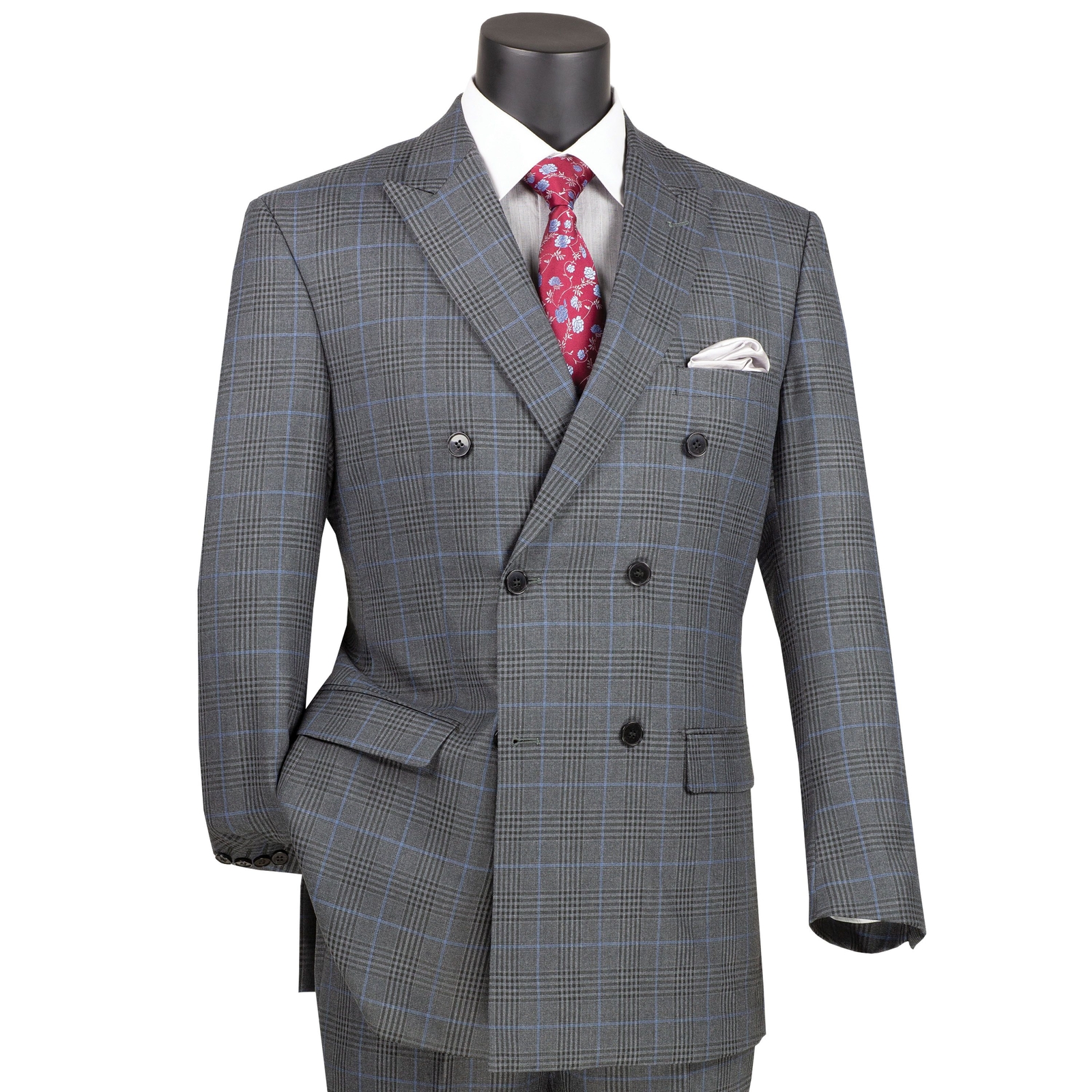 VINCI Men’s Dark Gray Glen Plaid Double Breasted 6 Button Classic Fit Suit New