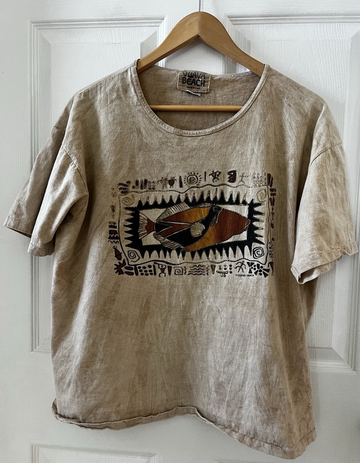 Vintage Guava Beach XL Brown Marbled Fish Graphic Beige Tee Single Stitch USA
