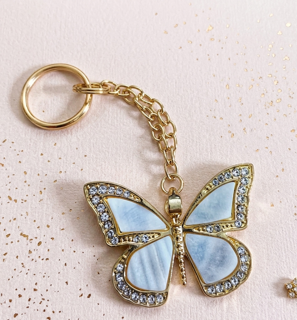 White and Gold Metal Butterfly Keychain | Rhinestone Charm Fashion Accessory