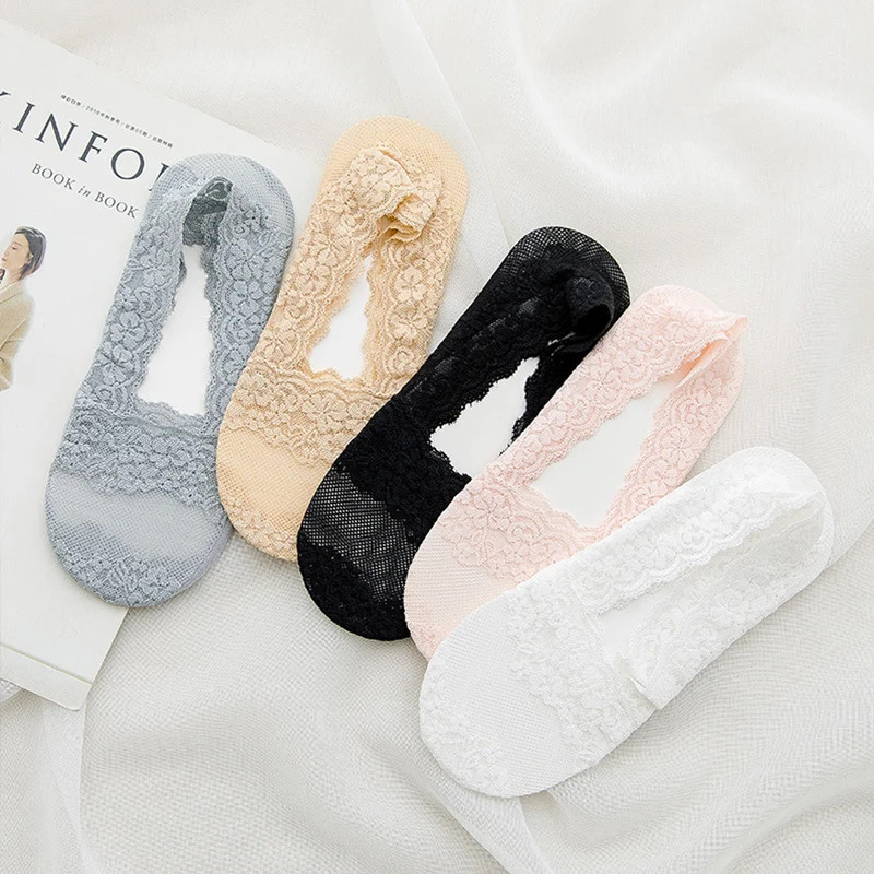 5 Pairs Socks Women’s Lace Invisible Short Ankle Foot Cotton White Low Cut Boat