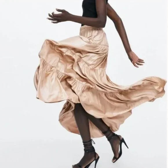 Zara Ruffled/Tiered Maxi Skirt Satin Gold Mink 2935/787 M Boho Flowy Frilly