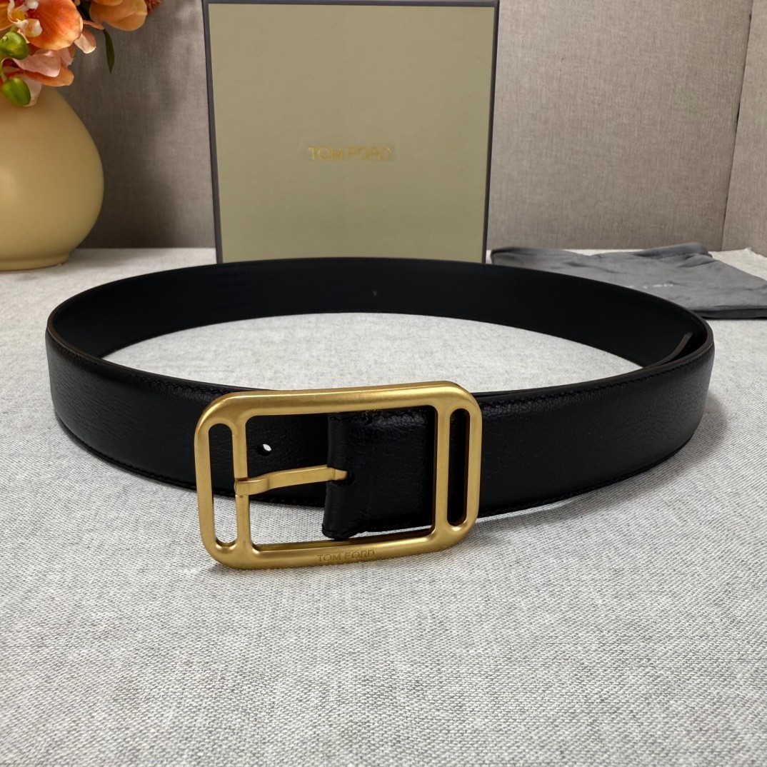 Tom Ford Mens Black Leather Gold Metal Buckle Belt Width 3.5cm