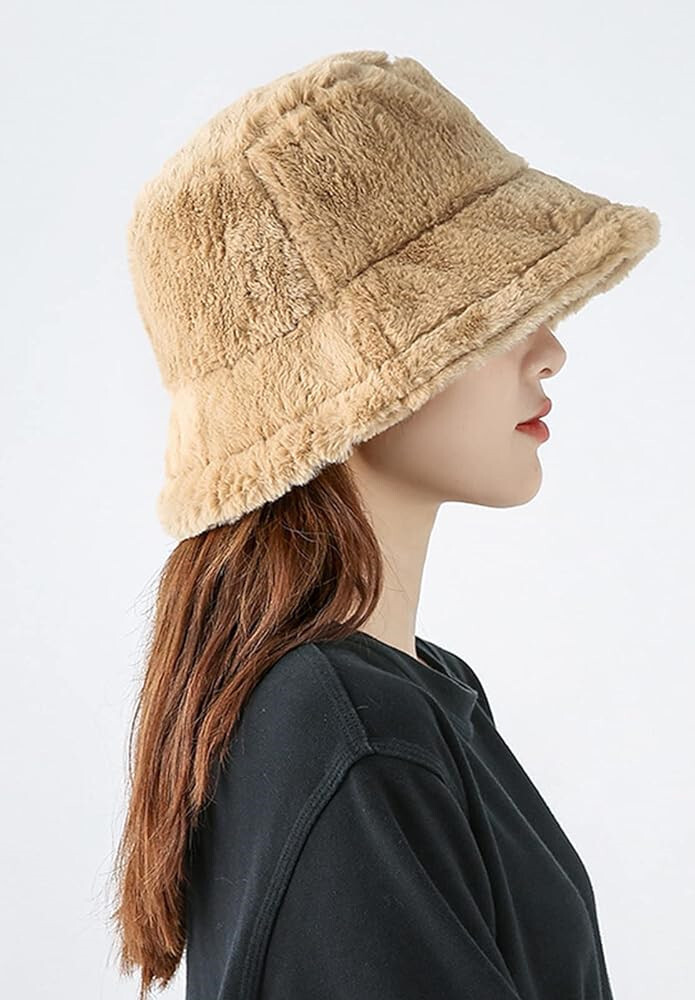 Women’s Winter Plush Fluffy Bucket Hat Warm Faux Fur Lining Cozy Wide Brim Cap