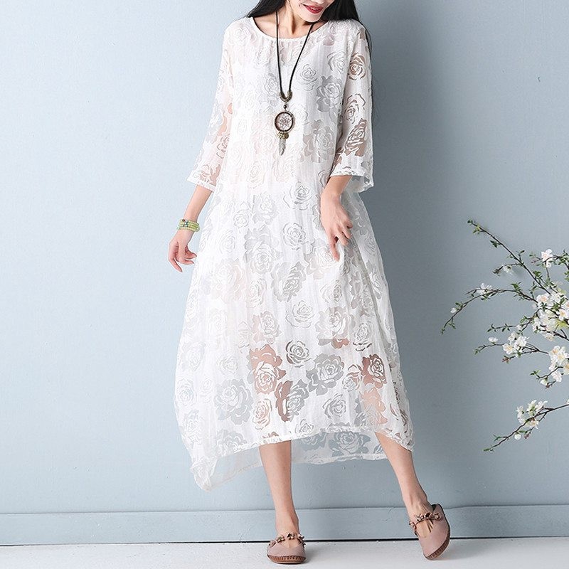 Womens Vintage Dress Casual Loose Fashion Lace O Neck 3/4 Sleeve Long Dress
