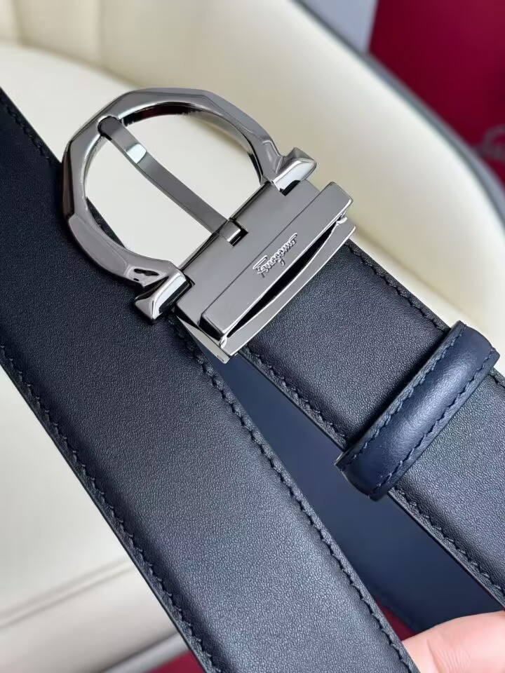 ADJUSTABLE REVERSIBLE DARK BLACK/BLUE SALVATORE FERRAGAMO BELT SILVER BUCKLE