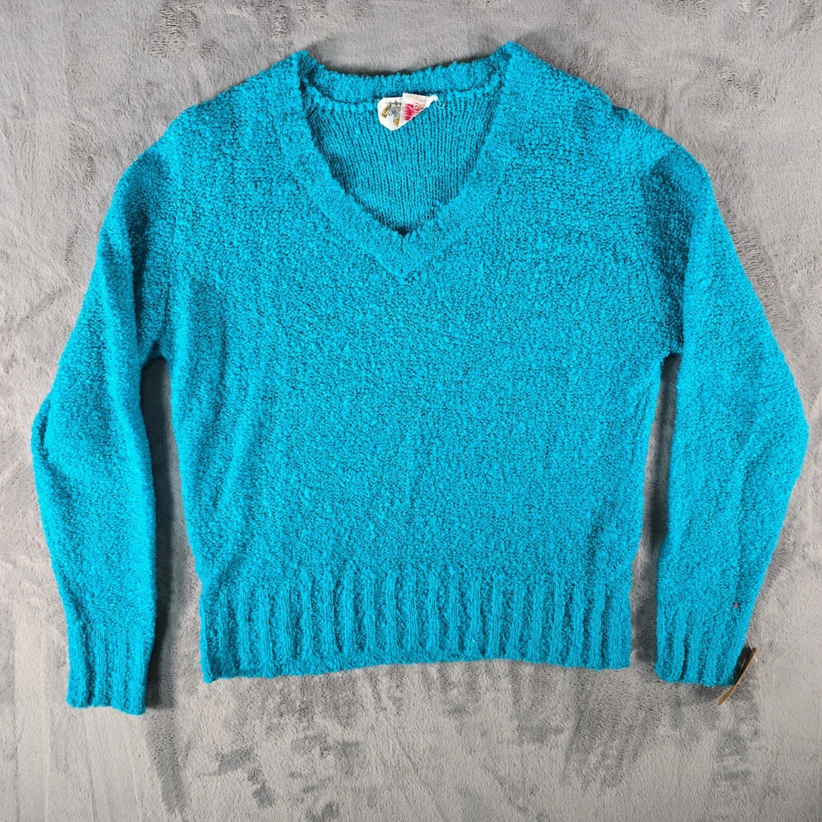 Vintage 1980s Blinkers Women’s Teal Boucle Popcorn Knit V-Neck Sweater (M)