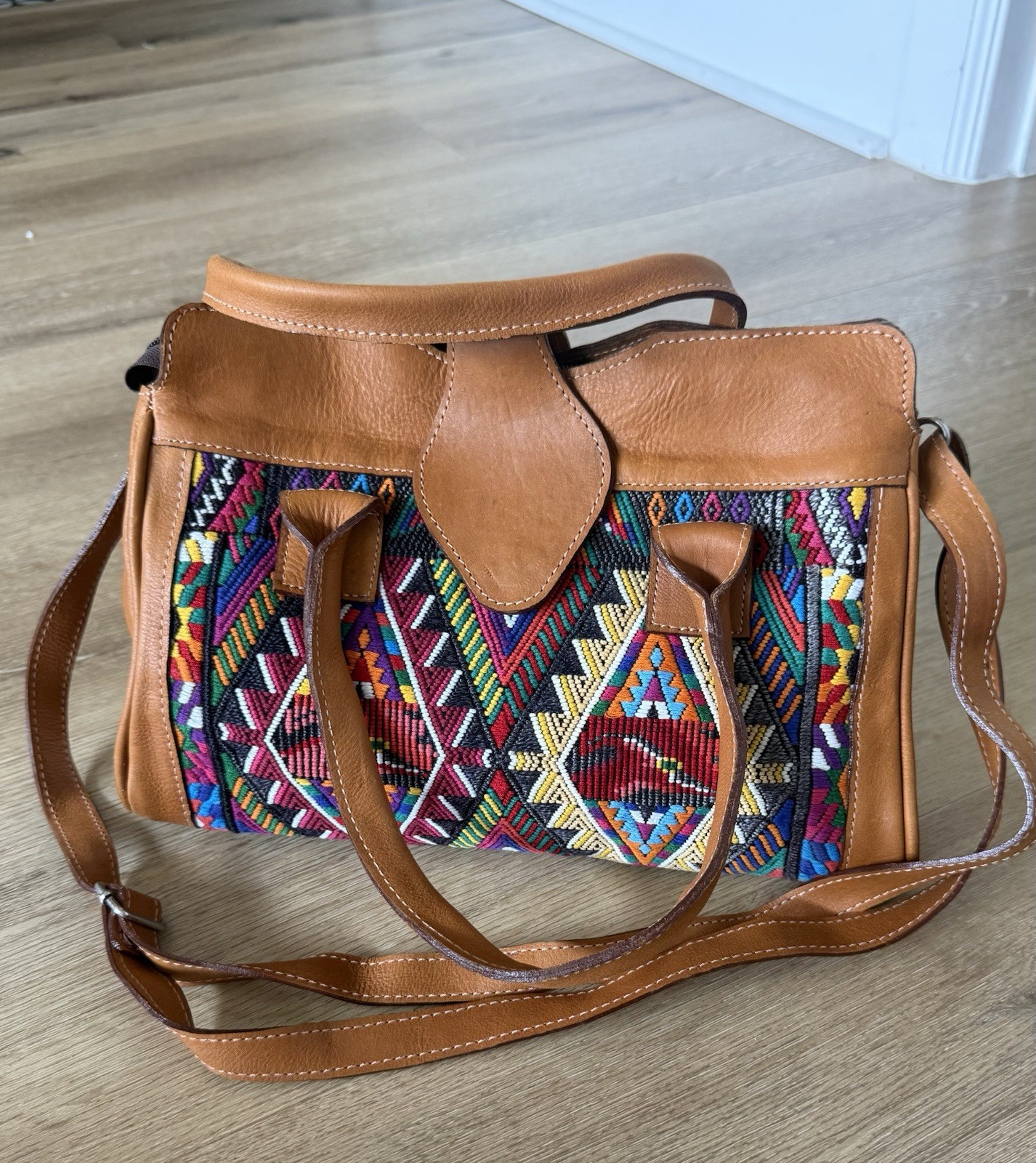 Brown Multicolor Geometric Satchel Top Handle Bag w/ Detachable Crossbody Strap