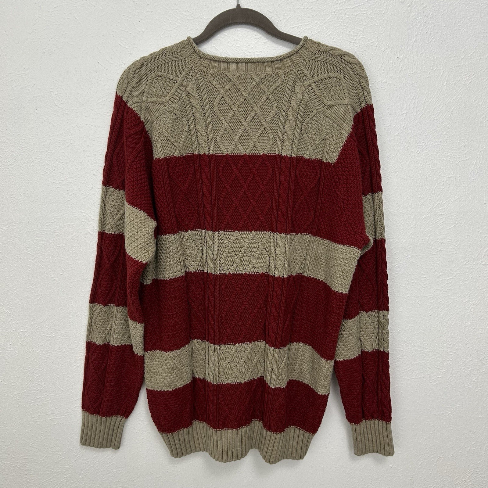LL Bean Signature Men’s XXL Sweater Striped Cable Knit Red Beige Cotton Linen