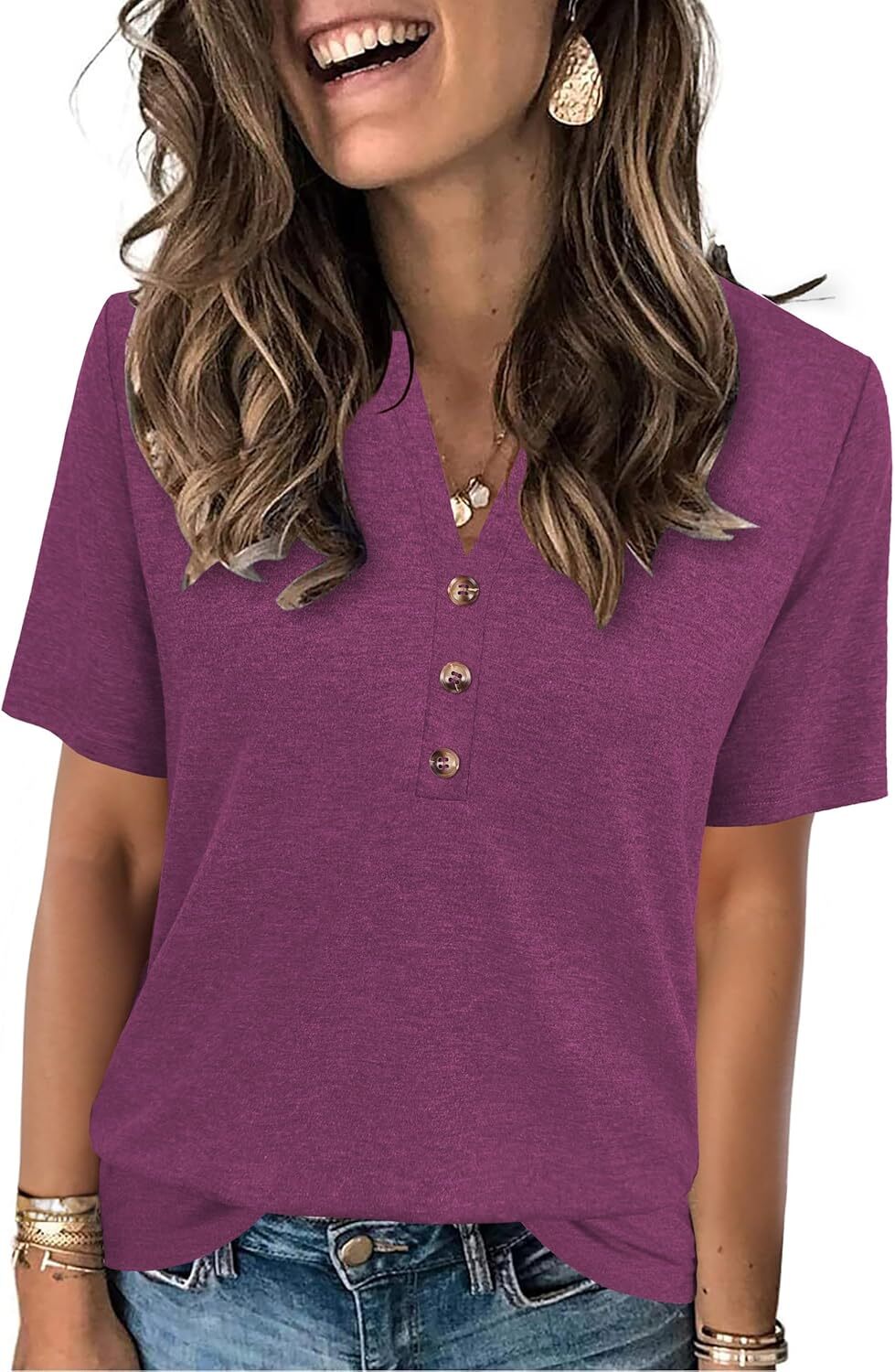 Women’s Short Sleeve Summer Top V Neck Button Down Casual Blouse for Work Beach