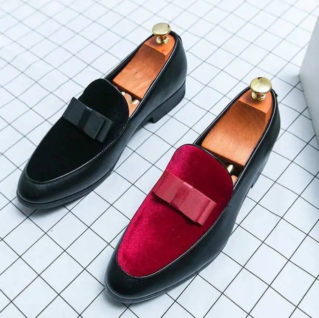 Men’s Velvet Splicing Color Block Bowknot Loafers Dress Shoes Wedding Oversize