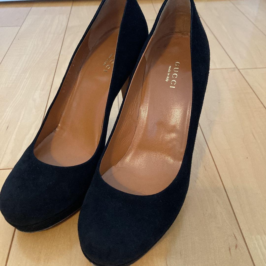 Gucci Suede Pumps Black Leather Round Toe 7.1-10cm Pin Heel Used Excellent
