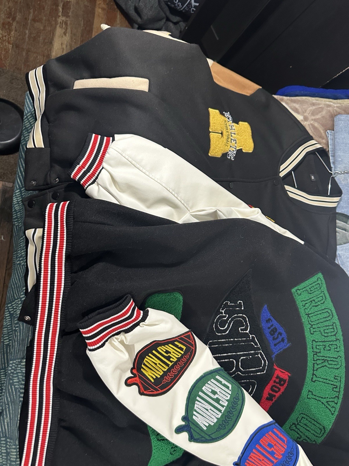 Men’s Black/White Varsity Jacket Snap Button Front Embroidered Patches
