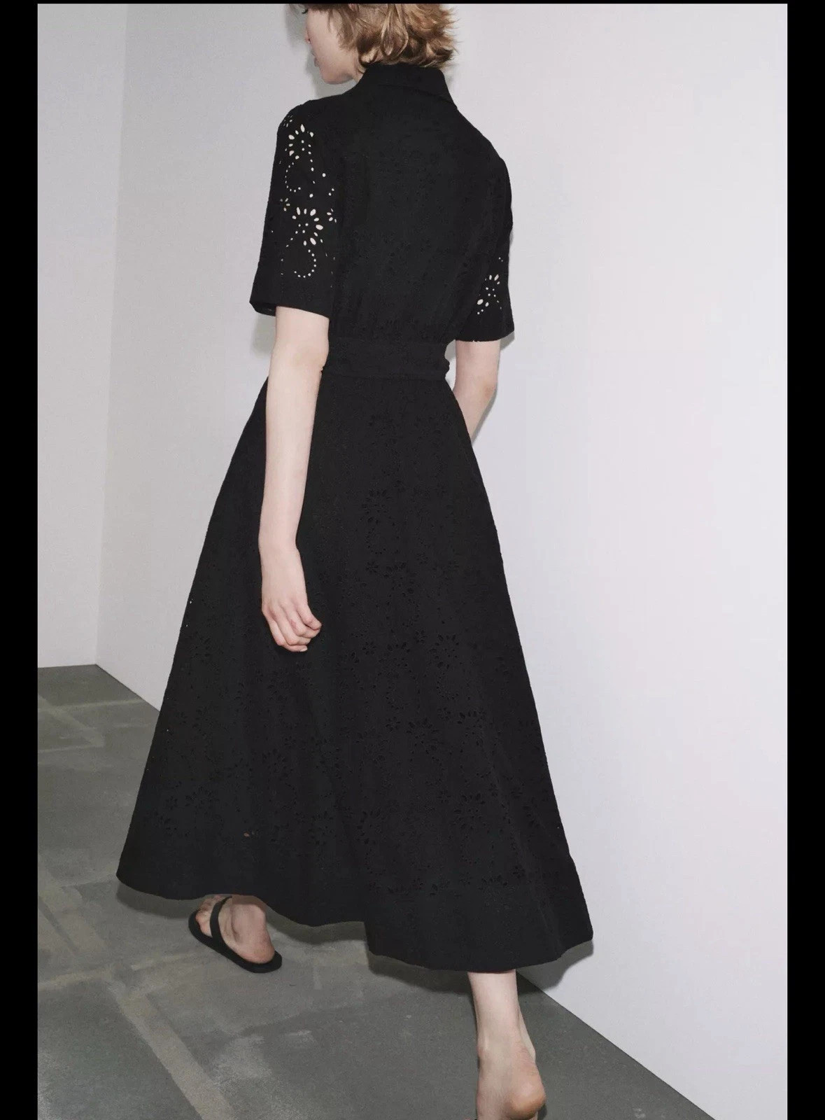 Zara Womens Shirt Dress midi Small Black Eyelet Belted Short Sleeve 8223/087 NWT