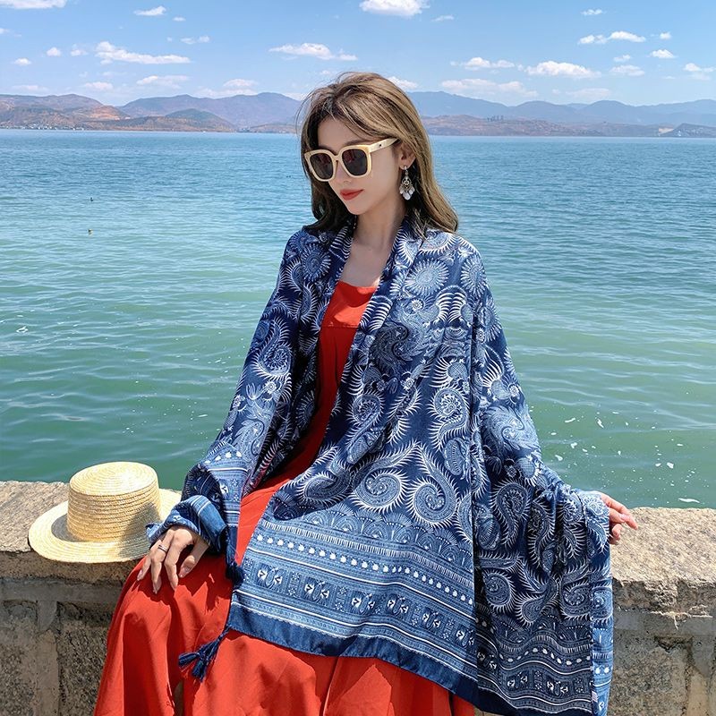 Ethnic Cotton Linen Scarf Shawl Wrap Warm Cover for Spring Fall Travel Photo