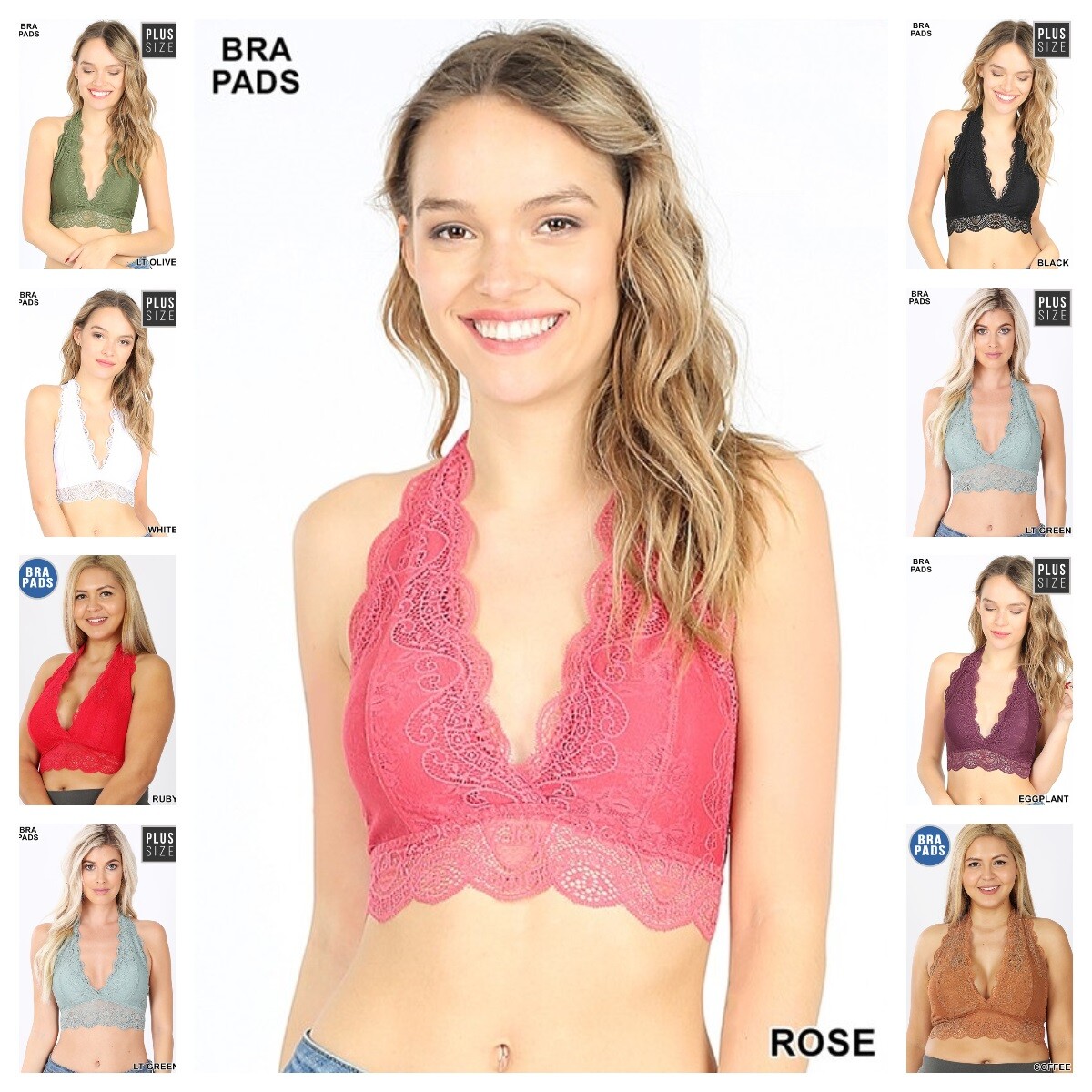 Women Plunge Stretch Lace Halter Padded Bralette Bra Cropped Top S-3X