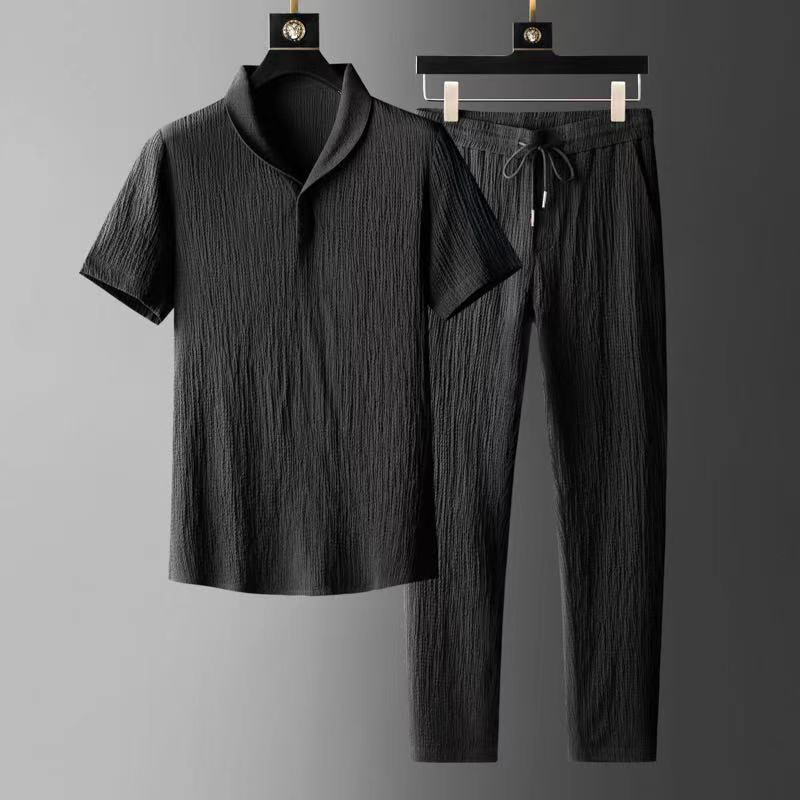 Men’s Spring Summer Short Sleeve Casual Suit Slim Two-piece Set Drawstring Pants