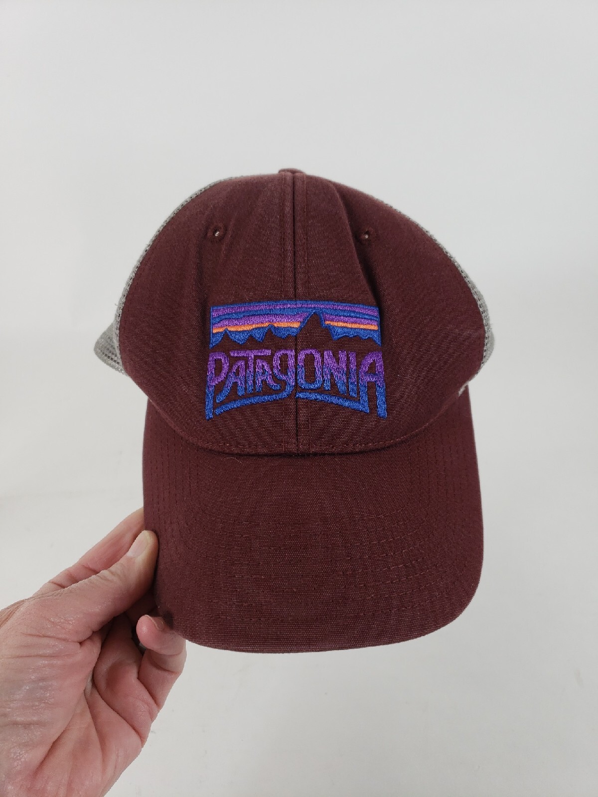 Patagonia P-6 Logo Lo Pro Trucker Hat Maroon Gray Mesh Snapback Cap