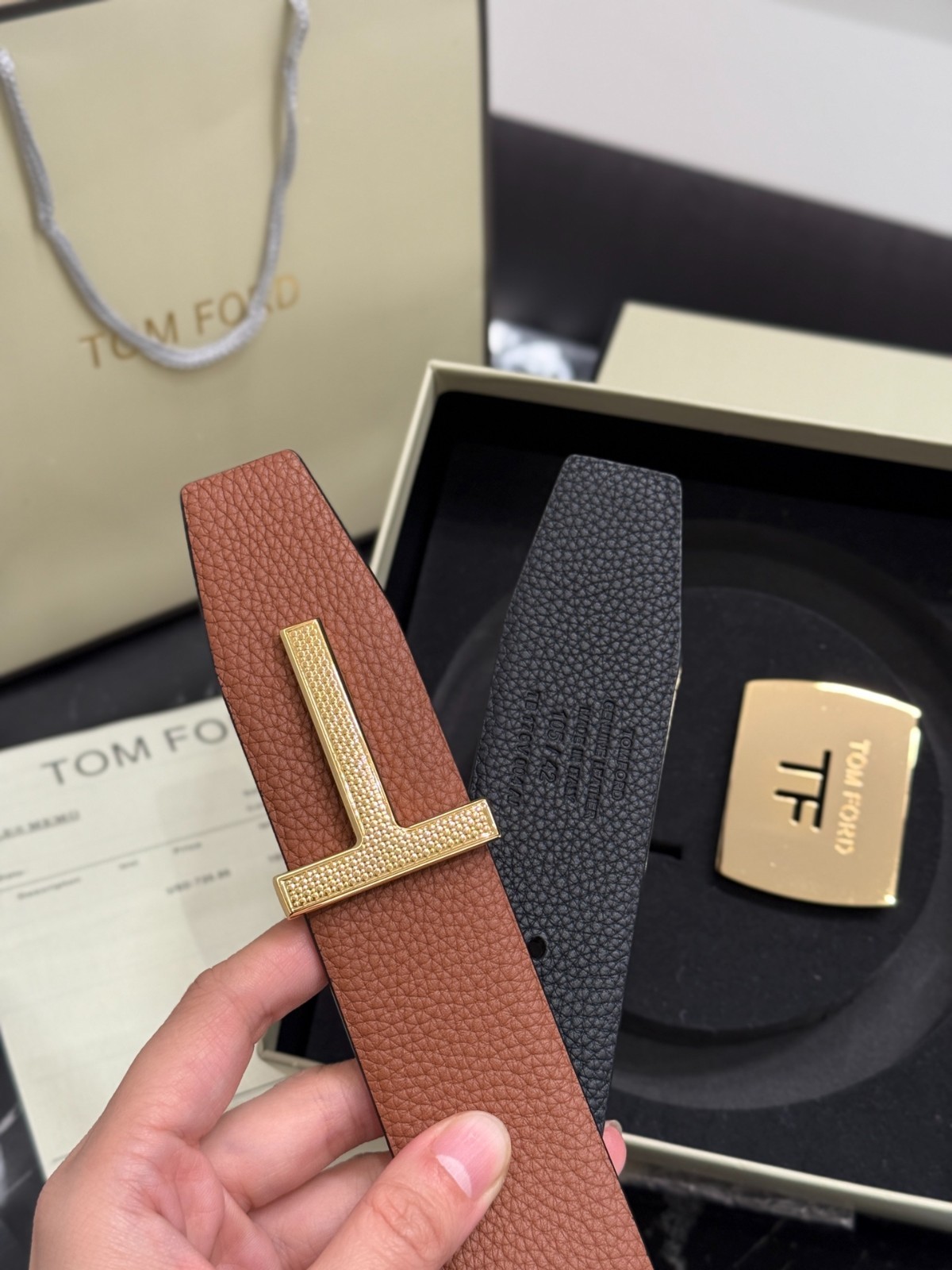 Tom Ford Mens T Logo Brown/Black Leather Dress Belt S.S. Buckle