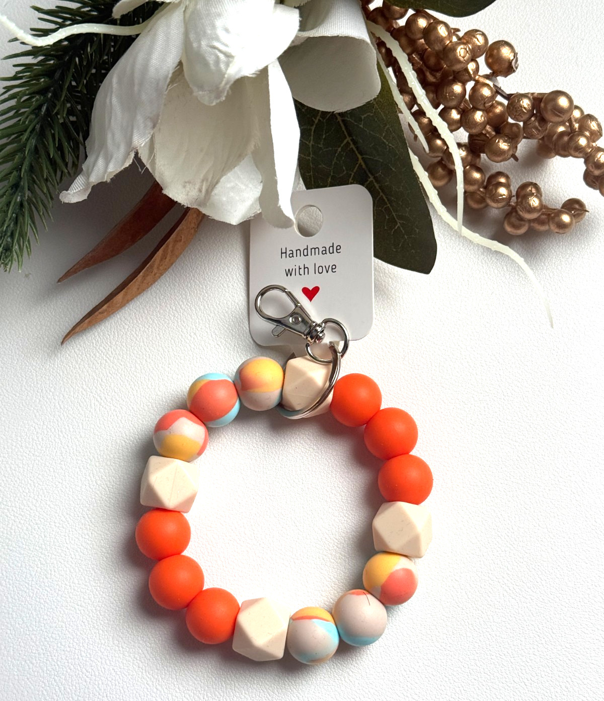 Silicone Beaded Keychain Wristlet Bracelet Orange Dream