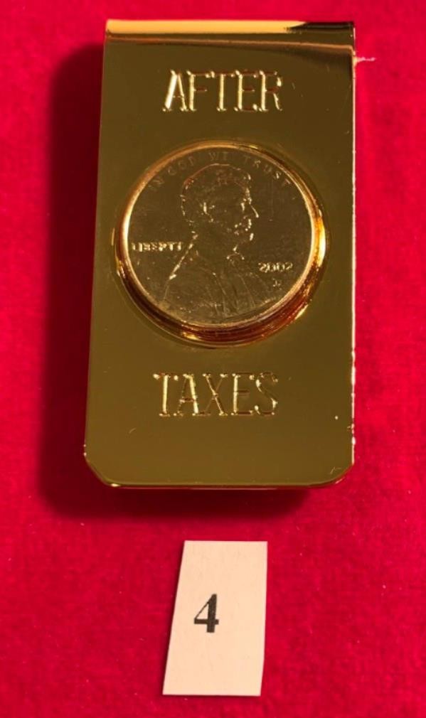 14KT GOLD PLATED AFTER TAXES MONEY CLIP & GENUINE 14KT GOLD PLATED USA PENNY #4