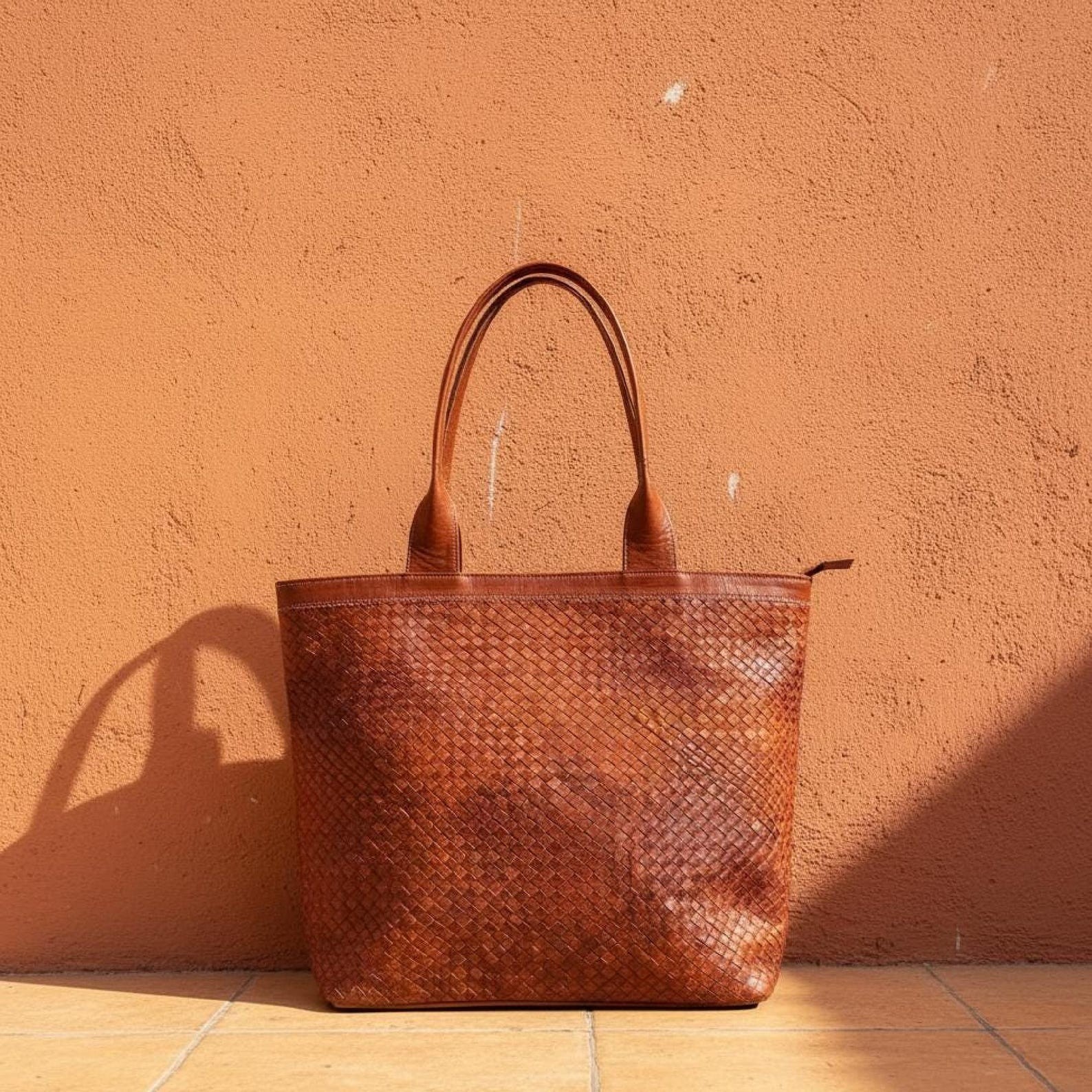 Handmade Moroccan Leather Bag | Braided Leather Tote | Marrakech Artisan Bag | L